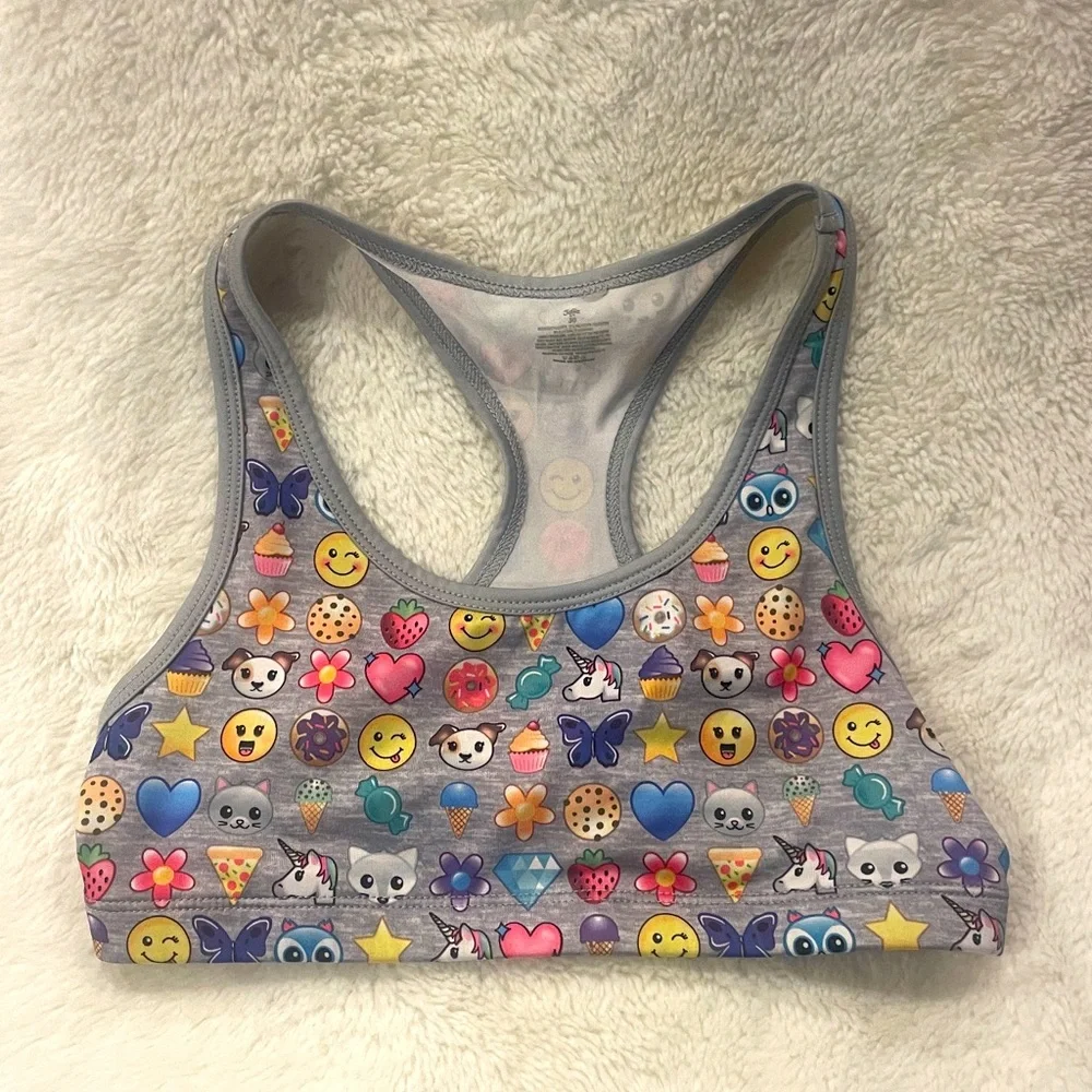 Justice Girls sports bras. 3 bras (1 unbranded). Green, gray, emojis Size L girl